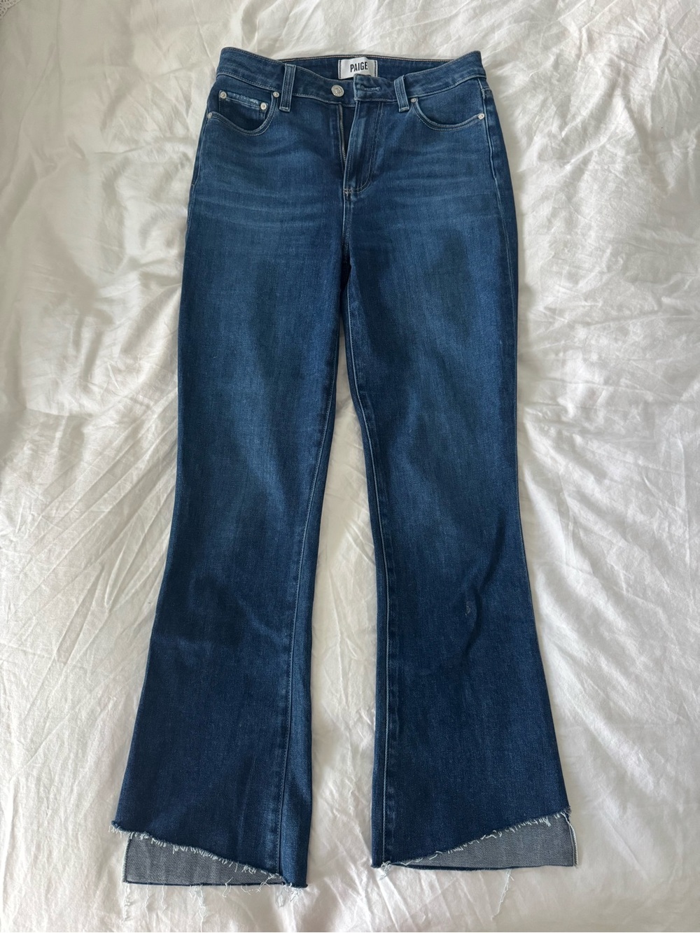 PAIGE Indigo Cropped Kick Flare Jeans with Raw Hem